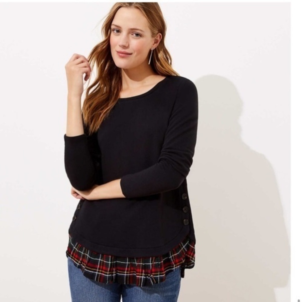 Loft Plaid Ruffle Mixed Media Top